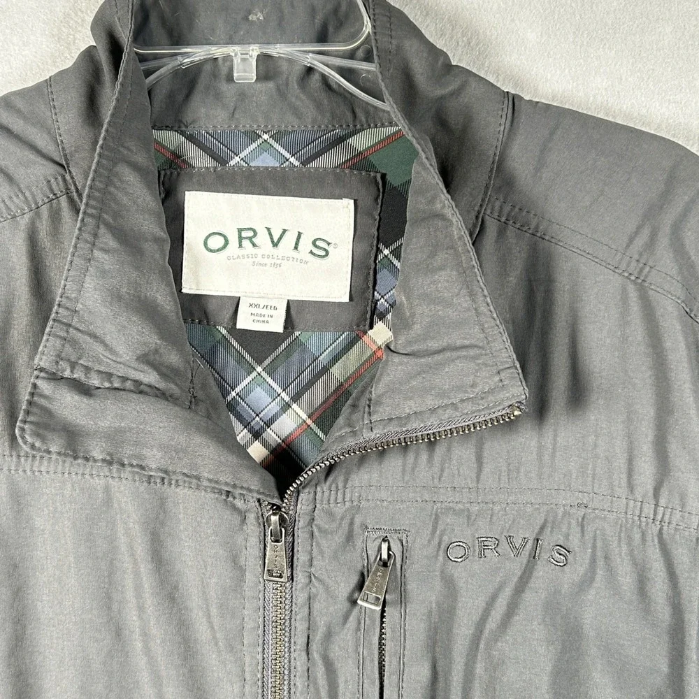 Orvis Windbreaker Jacket Mens XXL Gray Solid Full Zip Plaid Lined Outdoor Pocket